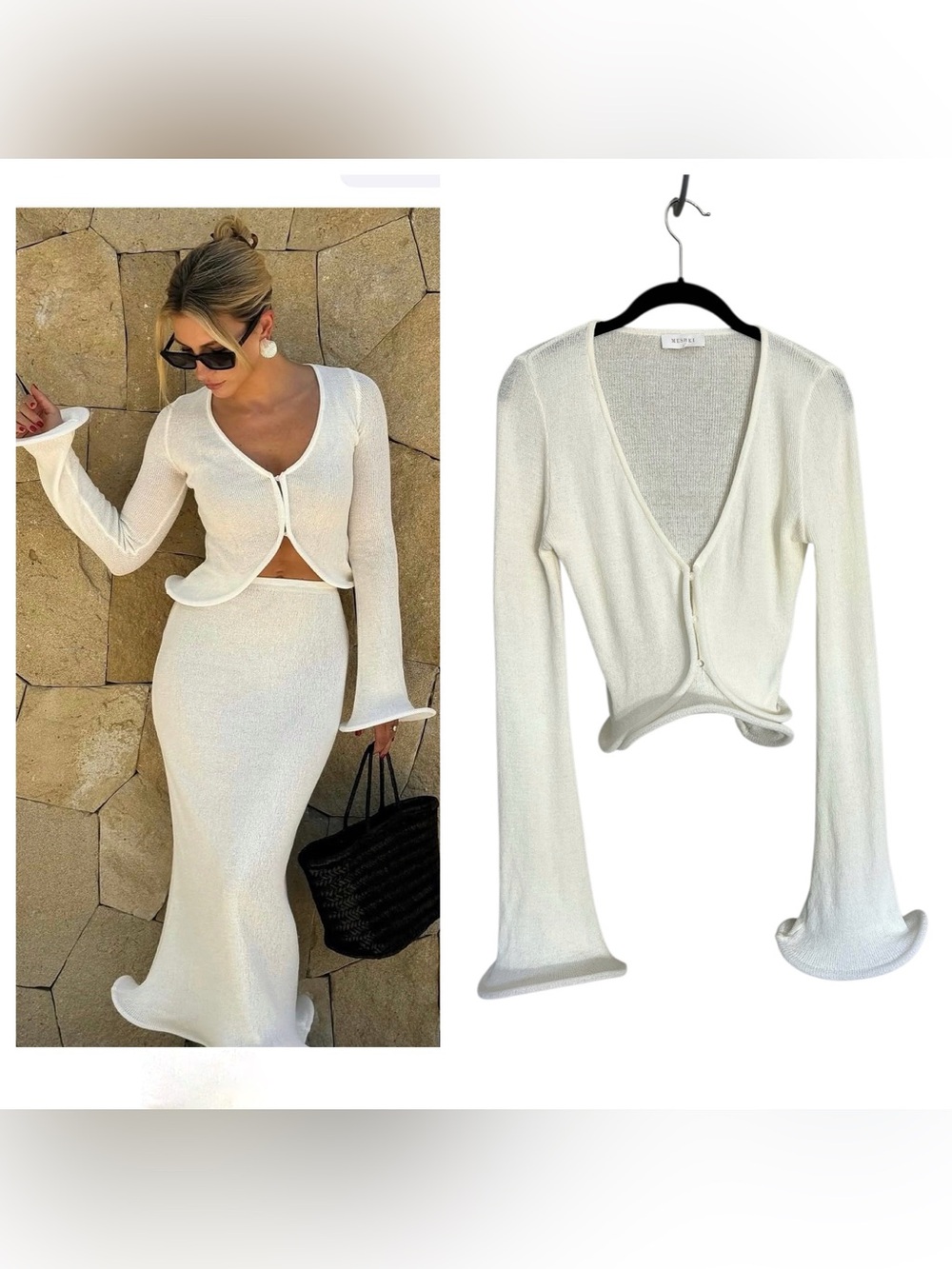 New Meshki Gigi long sleeve knit flare sleeve cardigan top white bridal sz L